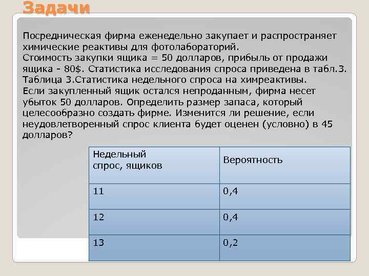 Задачи Посредническая фирма еженедельно закупает и распространяет химические реактивы для фотолабораторий. Стоимость закупки ящика