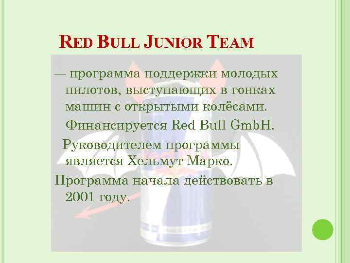 RED BULL JUNIOR TEAM — программа поддержки молодых пилотов, выступающих в гонках машин с