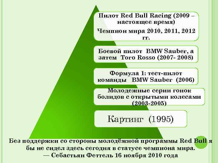 Пилот Red Bull Racing (2009 – настоящее время) Чемпион мира 2010, 2011, 2012 гг.