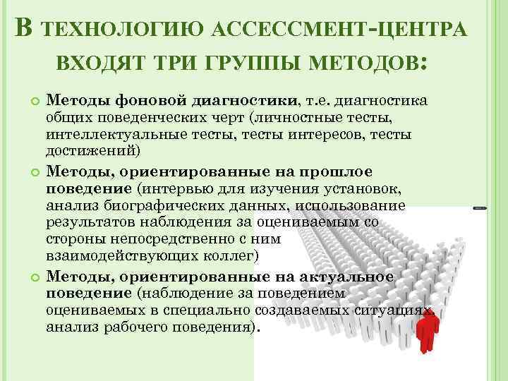 В ТЕХНОЛОГИЮ АССЕССМЕНТ-ЦЕНТРА ВХОДЯТ ТРИ ГРУППЫ МЕТОДОВ: Методы фоновой диагностики, т. е. диагностика общих