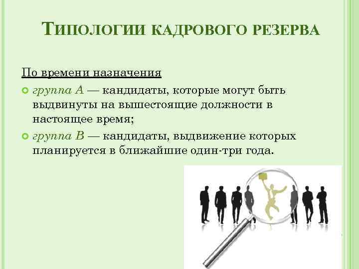 ТИПОЛОГИИ КАДРОВОГО РЕЗЕРВА По времени назначения группа А — кандидаты, которые могут быть выдвинуты