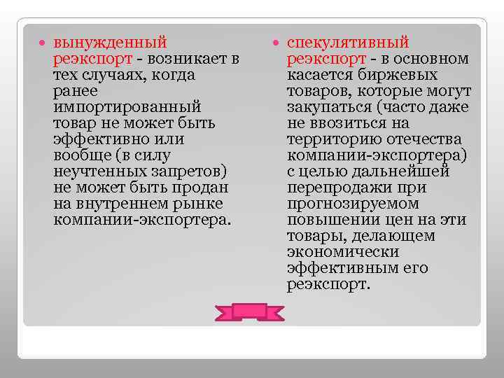  вынужденный реэкспорт - возникает в тех случаях, когда ранее импортированный товар не может