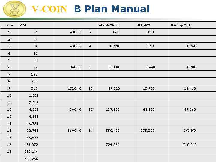 V-COIN B Plan Manual Lebel 　 인원 본인수입단가 실제수입 1 2 430 X 2