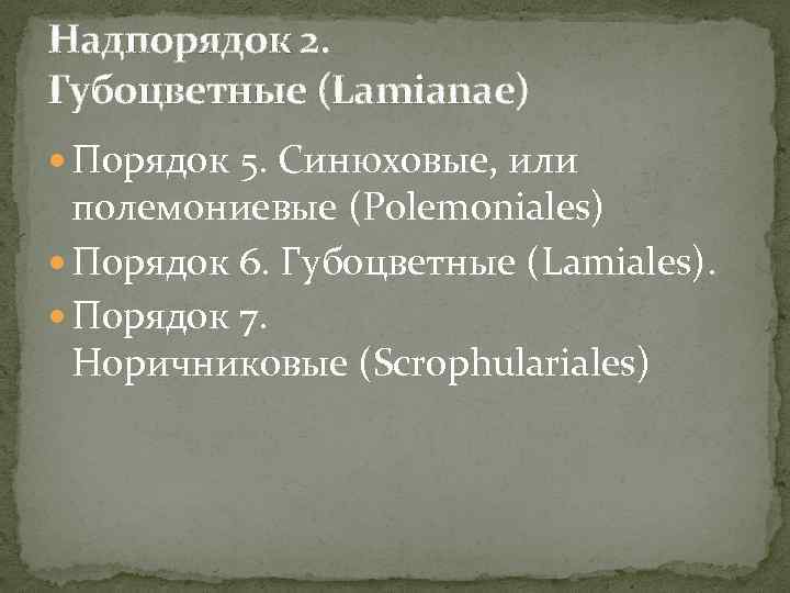 Надпорядок 2. Губоцветные (Lamianae) Порядок 5. Синюховые, или полемониевые (Polemoniales) Порядок 6. Губоцветные (Lamiales).