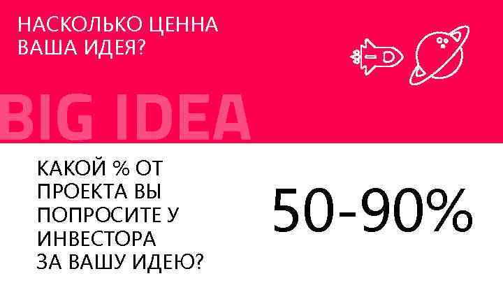 НАСКОЛЬКО ЦЕННА ВАША ИДЕЯ? BIG IDEA КАКОЙ % ОТ ПРОЕКТА ВЫ ПОПРОСИТЕ У ИНВЕСТОРА