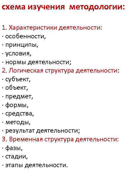схема изучения методологии: 1. Характеристики деятельности: · особенности, · принципы, · условия, · нормы