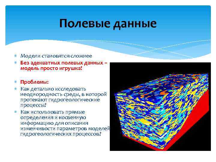 Полевые данные Модели становятся сложнее Без адекватных полевых данных – модель просто игрушка! Проблемы: