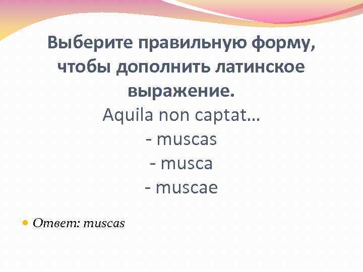 Выберите правильную форму, чтобы дополнить латинское выражение. Aquila non captat… - muscas - muscae