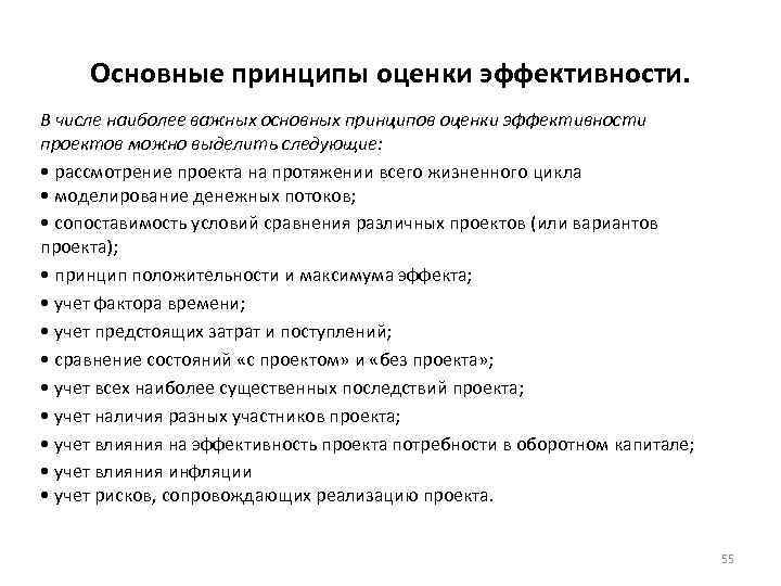 Основные принципы оценки эффективности. В числе наиболее важных основных принципов оценки эффективности проектов можно