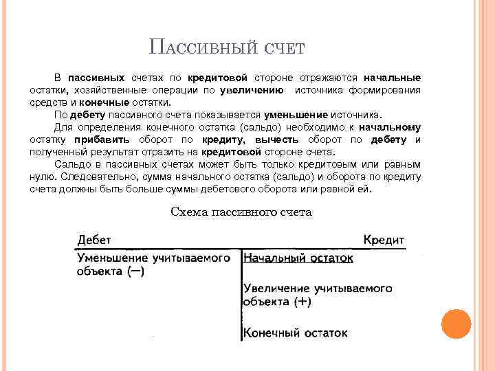 ПАССИВНЫЙ СЧЕТ В пассивных счетах по кредитовой стороне отражаются начальные остатки, хозяйственные операции по