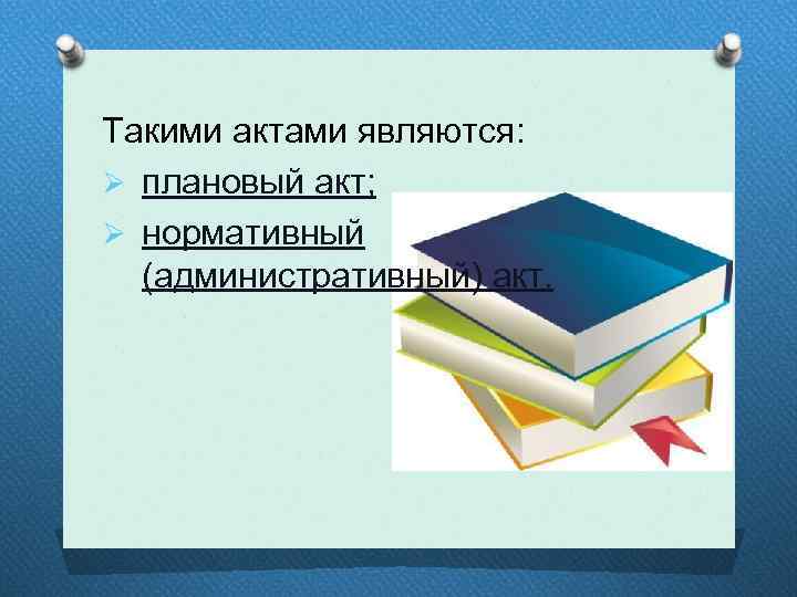 Такими актами являются: Ø плановый акт; Ø нормативный (административный) акт. 