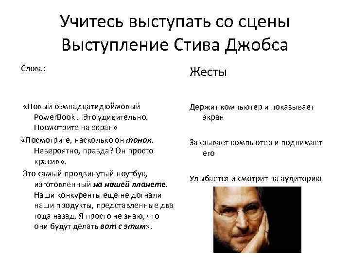 Учитесь выступать со сцены Выступление Стива Джобса Слова: Жесты «Новый семнадцатидюймовый Power. Book. Это