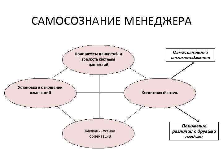 САМОСОЗНАНИЕ МЕНЕДЖЕРА Приоритеты ценностей и зрелость системы ценностей Установка в отношении изменений Самосознание и