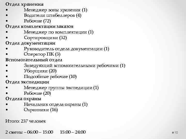 Отдел хранения • Менеджер зоны хранения (1) • Водители штабеллеров (4) • Рабочие (72)