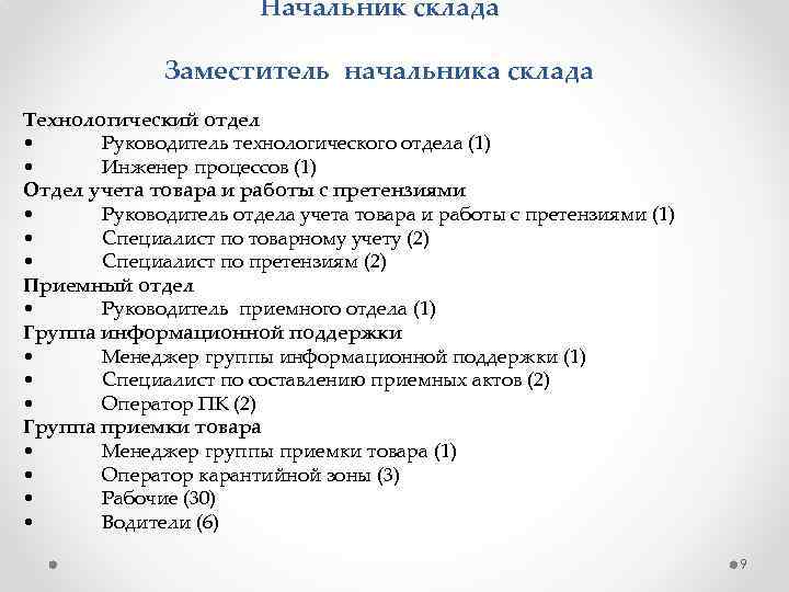 Начальник склада Заместитель начальника склада Технологический отдел • Руководитель технологического отдела (1) • Инженер