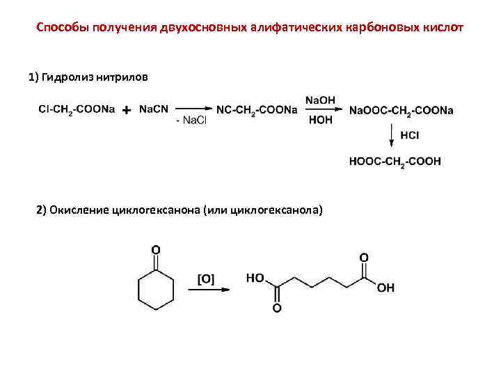Способы получения двухосновных алифатических карбоновых кислот 1) Гидролиз нитрилов 2) Окисление циклогексанона (или циклогексанола)