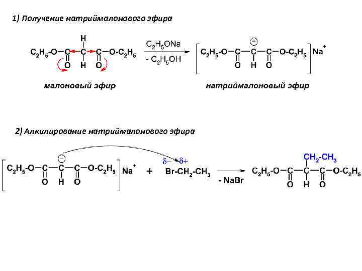 1) Получение натриймалонового эфира 2) Алкилирование натриймалонового эфира 