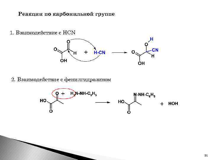 Реакции по карбонильной группе 1. Взаимодействие с HCN 2. Взаимодействие с фенилгидразином 21 