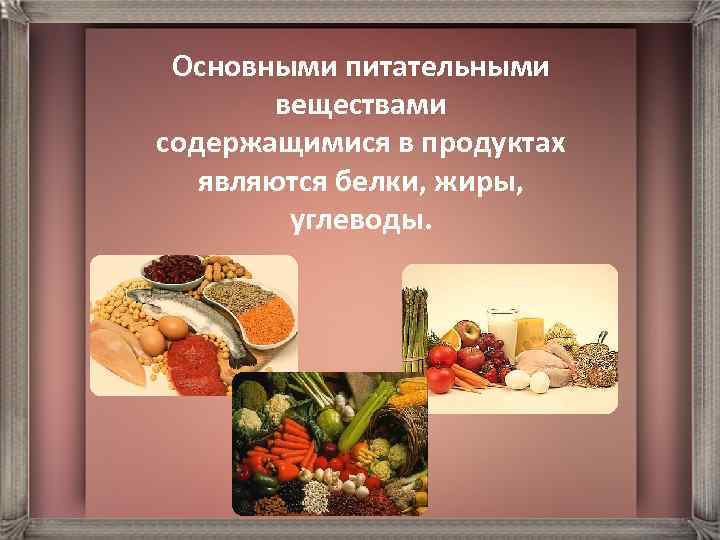 Основными питательными веществами содержащимися в продуктах являются белки, жиры, углеводы. 