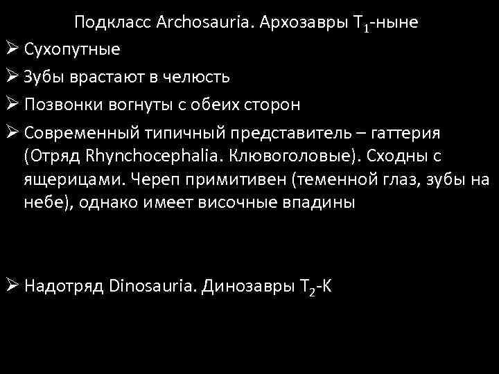 Подкласс Archosauria. Архозавры T 1 -ныне Ø Сухопутные Ø Зубы врастают в челюсть Ø