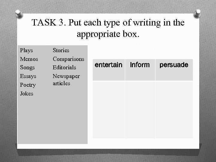 TASK 3. Put each type of writing in the appropriate box. Plays Memos Songs