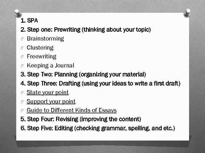 1. SPA 2. Step one: Prewriting (thinking about your topic) O Brainstorming O Clustering