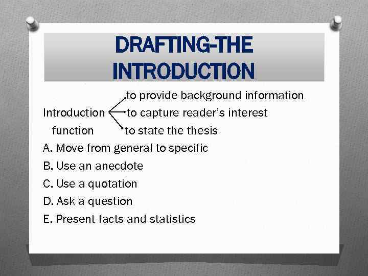 DRAFTING-THE INTRODUCTION to provide background information Introduction to capture reader’s interest function to state