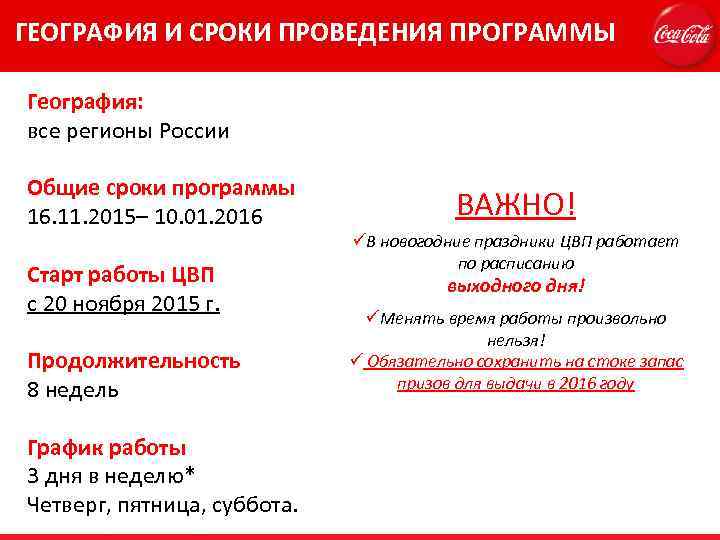 ГЕОГРАФИЯ И СРОКИ ПРОВЕДЕНИЯ ПРОГРАММЫ География: все регионы России Общие сроки программы 16. 11.