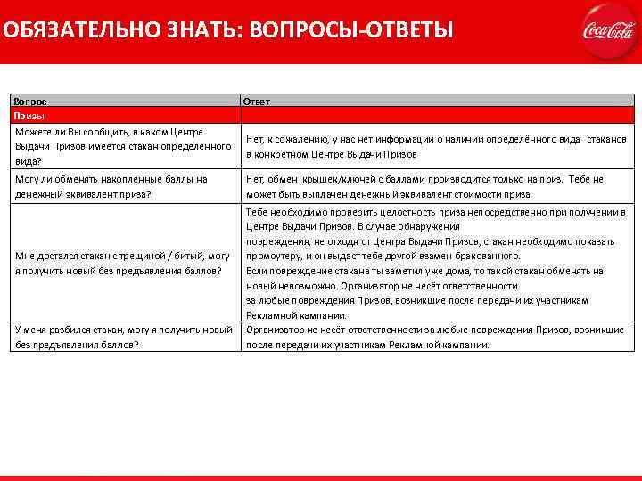 ОБЯЗАТЕЛЬНО ЗНАТЬ: ВОПРОСЫ-ОТВЕТЫ Вопрос Призы Ответ Можете ли Вы сообщить, в каком Центре Выдачи