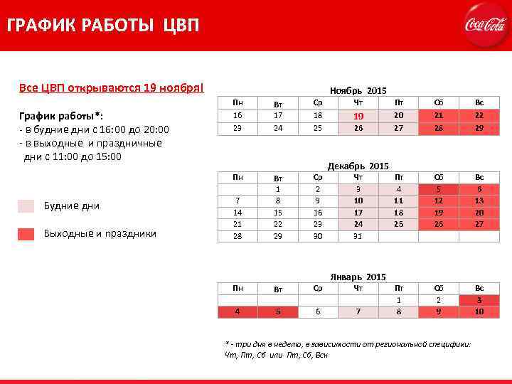  ГРАФИК РАБОТЫ ЦВП Все ЦВП открываются 19 ноября! Ноябрь 2015 Пн График работы*: