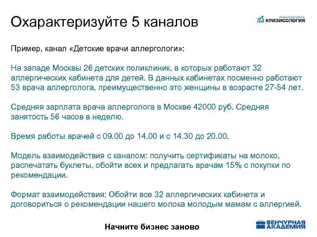 Охарактеризуйте 5 каналов Пример, канал «Детские врачи аллергологи» : На западе Москвы 26 детских