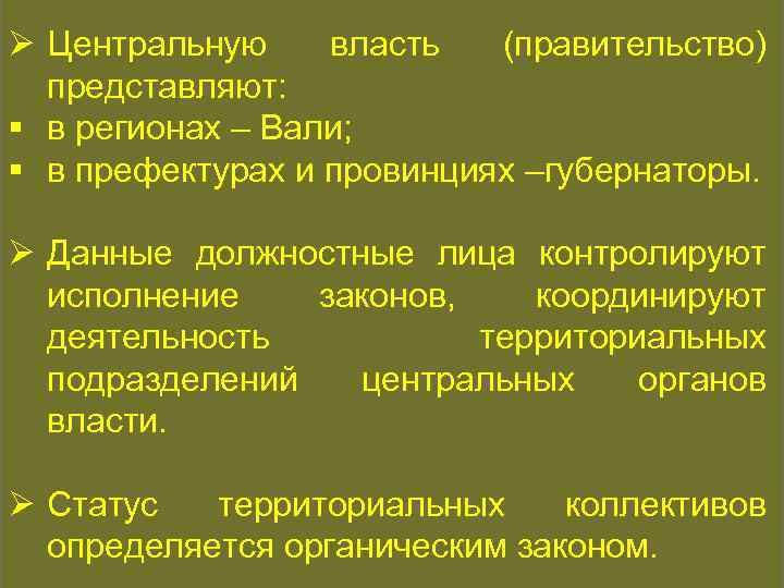 КОНСТИТУЦИОННАЯ ИСТОРИЯ Ø Центральную власть (правительство) представляют: § в регионах – Вали; § в