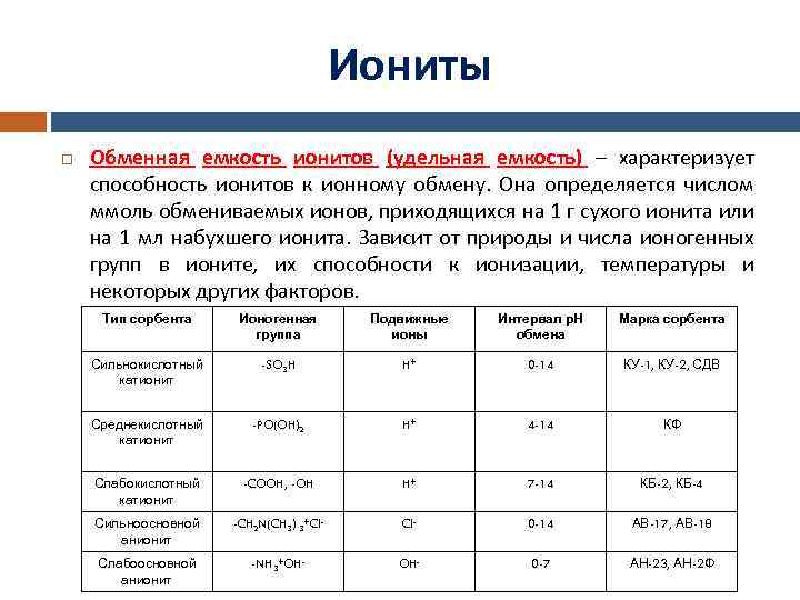 Иониты Обменная емкость ионитов (удельная емкость) – характеризует способность ионитов к ионному обмену. Она