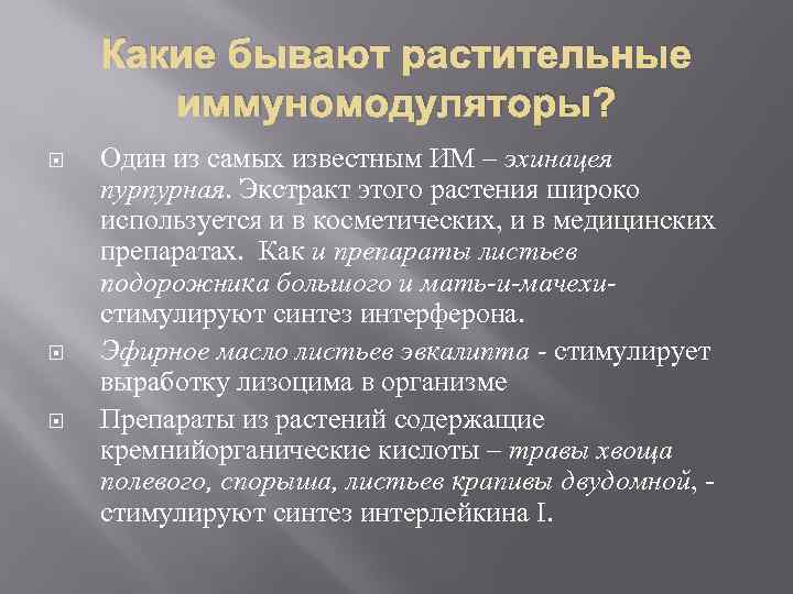 Какие бывают растительные иммуномодуляторы? Один из самых известным ИМ – эхинацея пурпурная. Экстракт этого