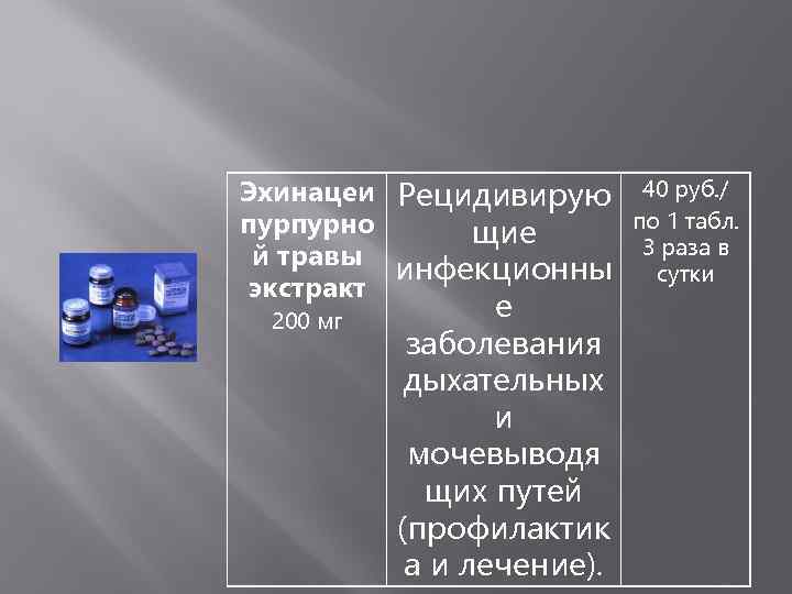 Эхинацеи Рецидивирую 40 руб. / по 1 табл. пурпурно щие 3 раза в й