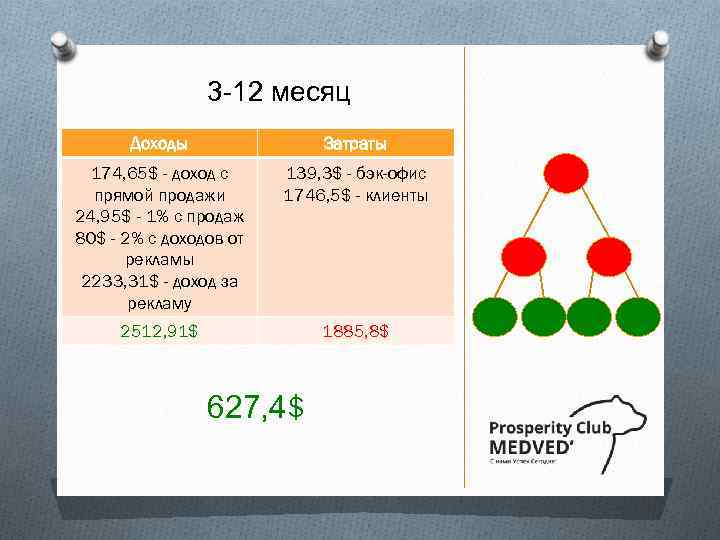 3 -12 месяц Доходы Затраты 174, 65$ - доход с прямой продажи 24, 95$