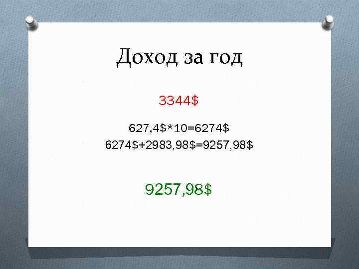 Доход за год 3344$ 627, 4$*10=6274$+2983, 98$=9257, 98$ 