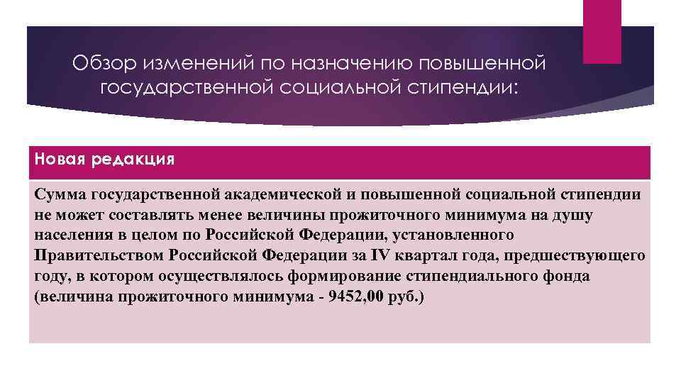 Обзор изменений по назначению повышенной государственной социальной стипендии: Новая редакция Сумма государственной академической и