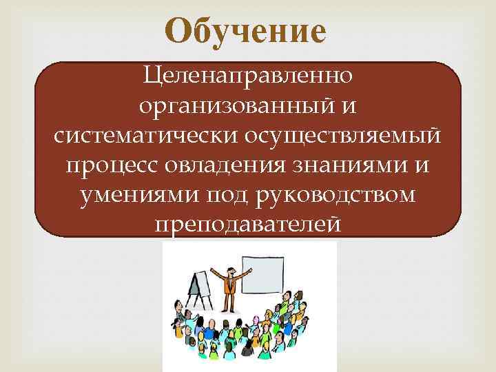 Обучение Целенаправленно организованный и систематически осуществляемый процесс овладения знаниями и умениями под руководством преподавателей