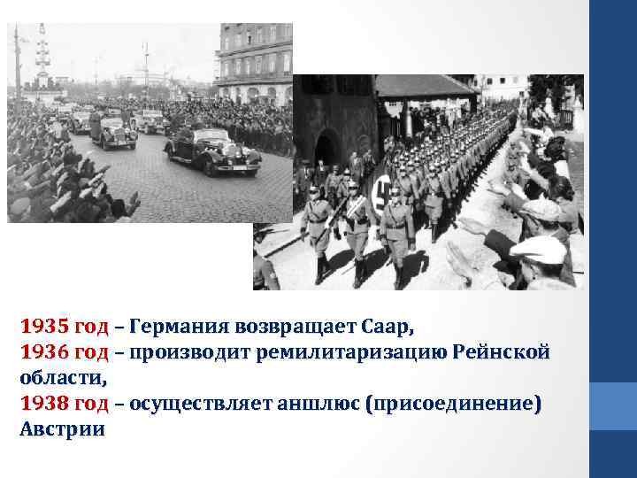 1935 год – Германия возвращает Саар, 1936 год – производит ремилитаризацию Рейнской области, 1938