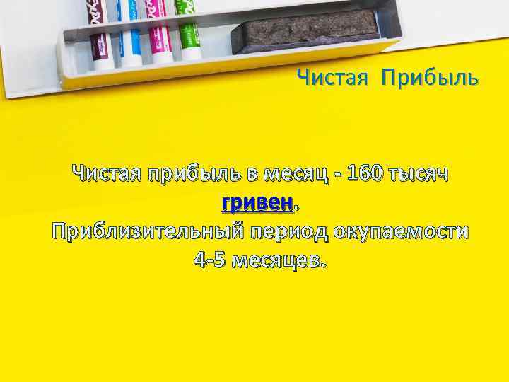 Чистая Прибыль Чистая прибыль в месяц - 160 тысяч гривен. Приблизительный период окупаемости 4