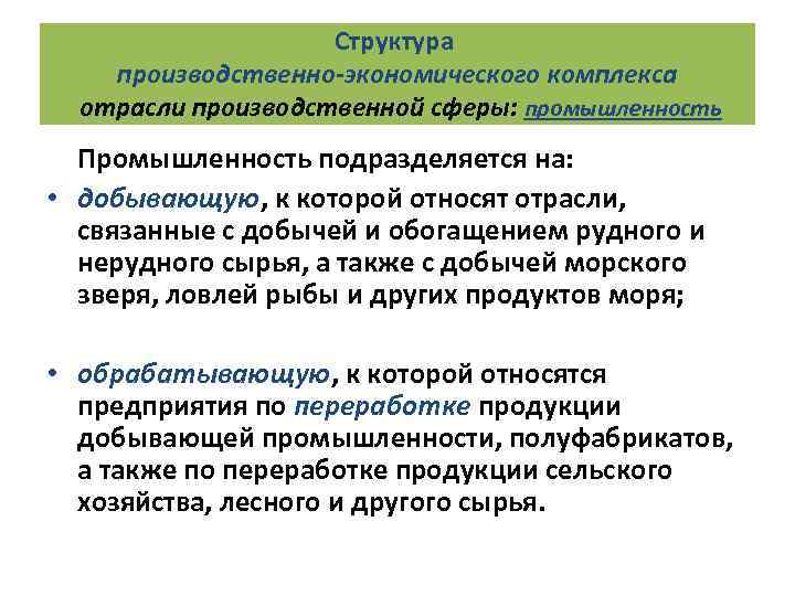 Структура производственно-экономического комплекса отрасли производственной сферы: промышленность Промышленность подразделяется на: • добывающую, к которой