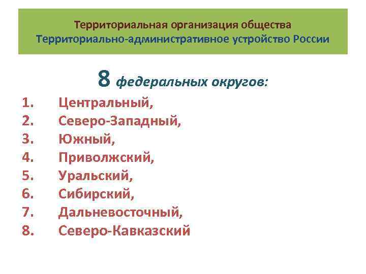 Территориальная организация общества Территориально-административное устройство России 1. 2. 3. 4. 5. 6. 7. 8.