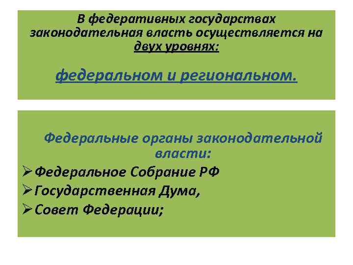 В федеративных государствах законодательная власть осуществляется на двух уровнях: федеральном и региональном. Федеральные органы