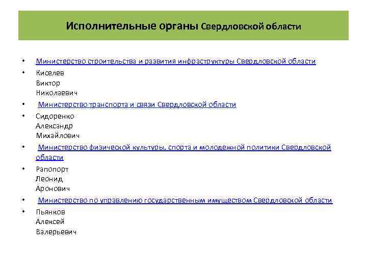 Исполнительные органы Свердловской области • • Министерство строительства и развития инфраструктуры Свердловской области Киселев