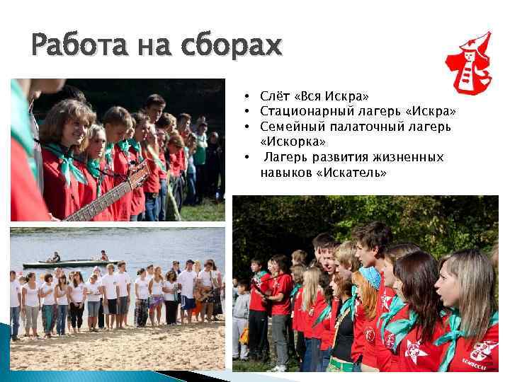 Работа на сборах • Слёт «Вся Искра» • Стационарный лагерь «Искра» • Семейный палаточный