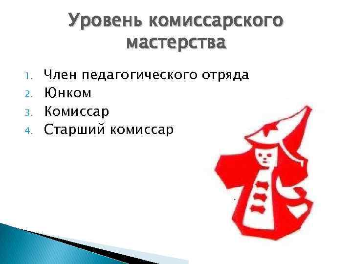 Уровень комиссарского мастерства 1. 2. 3. 4. Член педагогического отряда Юнком Комиссар Старший комиссар