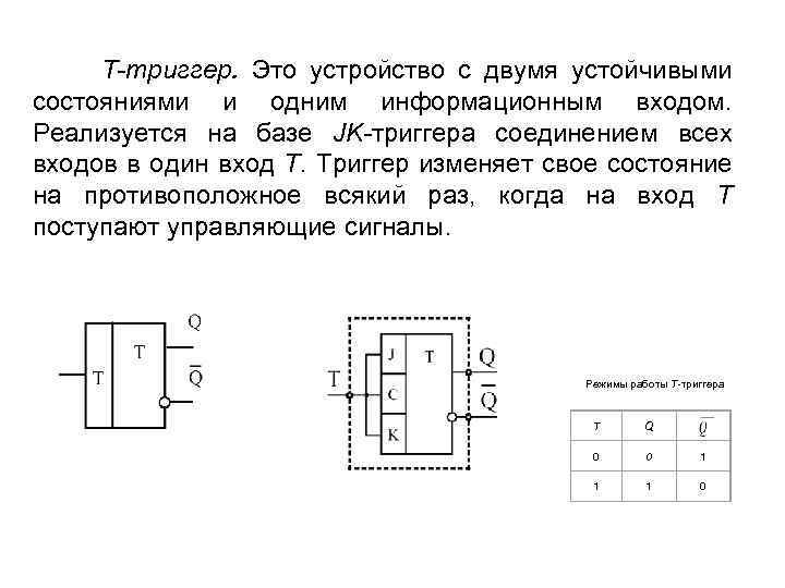 T-триггер. Это устройство с двумя устойчивыми состояниями и одним информационным входом. Реализуется на базе