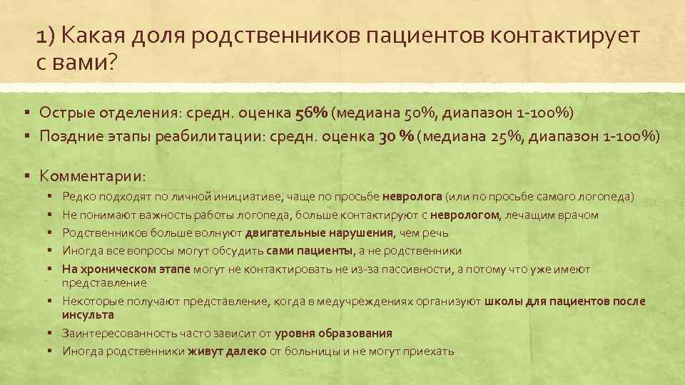 1) Какая доля родственников пациентов контактирует с вами? § Острые отделения: средн. оценка 56%