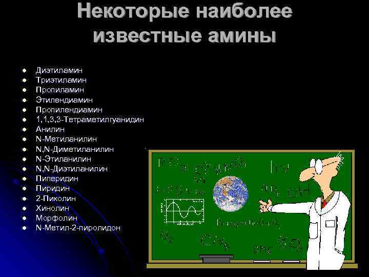 Некоторые наиболее известные амины l l l l l Диэтиламин Триэтиламин Пропиламин Этилендиамин Пропилендиамин